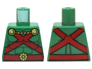 Lego Torso Muscles Outline with Red Straps and Belt, Yellow Clasps and Cord Pattern / Green