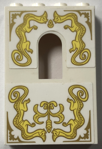 Lego Panel 1 x 4 x 5 Wall with Window with Gold Ornamental Dragons Pattern (Stickers) - Set 43184 / White
