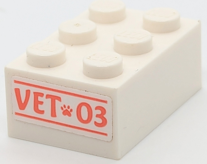 Lego Brick 2 x 3 with Coral 'VET 03' and Paw Print Pattern on End (Sticker) - Set 41442