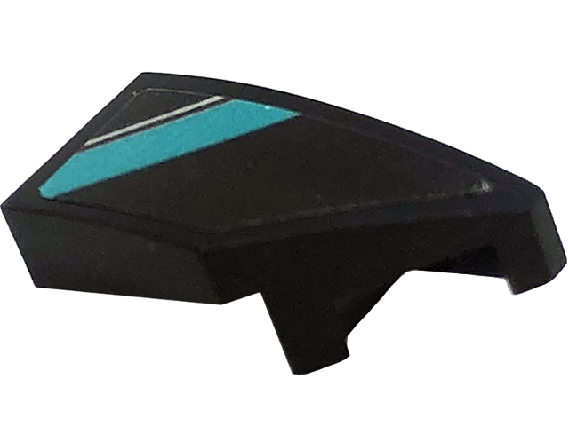 Lego Wedge 2 x 1 x 2/3 Right with Dark Turquoise Stripe and Silver Line Pattern (Sticker) - Set 76909 / Black