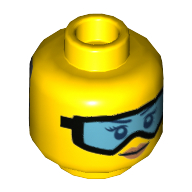 Lego Minifig Head Engineer, Peach Lips, Light Blue Goggles and Smile / Covered with Dirt Print / Yellow