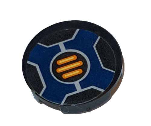Lego Tile, Round 2 x 2 with Bottom Stud Holder with Three Orange Bars inside Dark Blue Cross Pattern (Sticker) - Set 70326