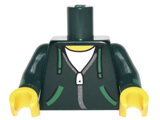 Lego Torso Hoodie with Green Ties and Pockets, Silver Zipper over White Shirt Pattern / Dark Green Arms with Green Cuffs Pattern / Yellow Hands