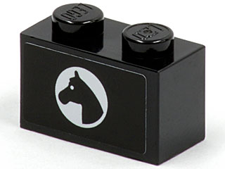Lego Brick 1 x 2 with Horse Head in White Circle Pattern Model Left Side (Sticker) - Set 7635 / Black
