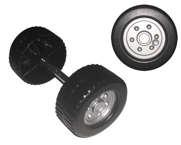 Lego Duplo Wheel with Tread (28mm diameter) Double Assembly with Metal Axle (38mm) and Silver Classic Hub Pattern / Black