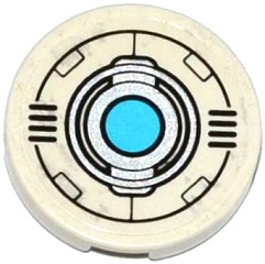 Lego Tile, Round 2 x 2 with Bottom Stud Holder with Grilles, Black and Silver Circles and Medium Azure Light Pattern (Sticker) - Set 70173 / White