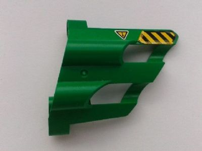 Lego Technic, Panel Fairing # 1 Large Short, Large Holes, Side A with Black and Yellow Danger Stripes and Triangle with Exclamation Mark Upside Down Pattern (Sticker) - Set 8446 / Green