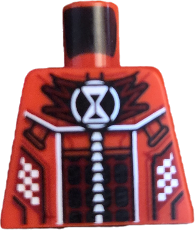 Lego Torso Racing Suit with Dark Red Panel with Black Blocks, White Checkered, Hourglass on Pointed Collar Pattern / Red