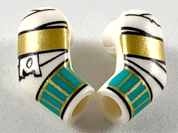 Lego Arm, (Matching Left and Right) Pair with Wrappings, Gold and Dark Turquoise Bracelets Pattern / White