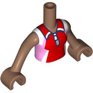 Lego Minidoll Torso Girl with Medium Brown Arms and Hands with Red/White/Bright Pink Shirt, Zipper print / Medium Brown