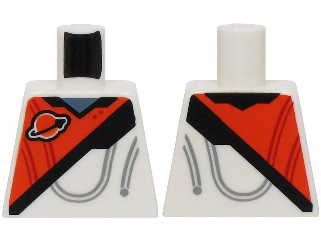 Lego Torso Spacesuit with Reddish Orange Panel, Classic Space Logo, Black Stripe, and Sand Blue Collar Pattern (BAM) / White