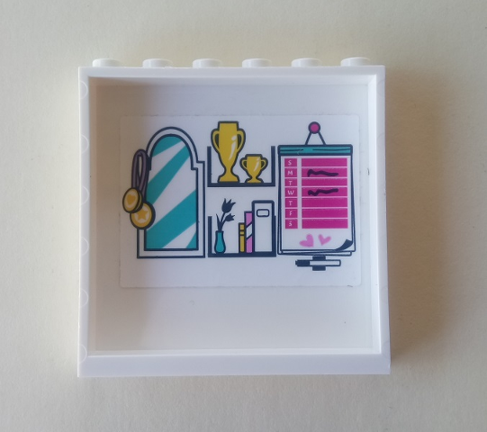 Lego Panel 1 x 6 x 5 with Mirror, Medals, Trophies, Books, Flower and Weekly Calendar Pattern on Inside (Sticker) - Set 41314 / White