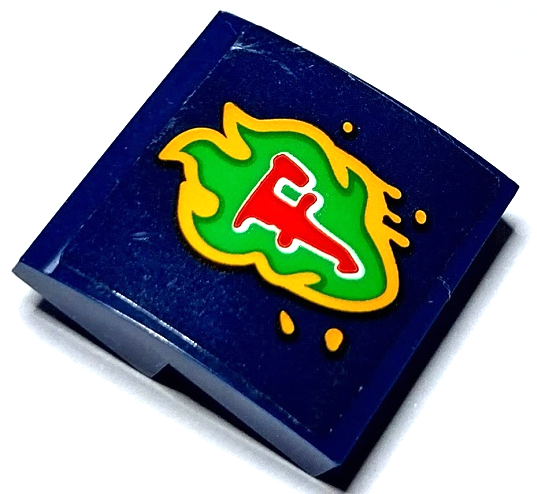 Lego Slope, Curved 2 x 2 x 2/3 with Red and White Capital Letter F on Bright Green and Bright Light Orange Flames Pattern (Sticker) - Set 70429 / Dark Blue