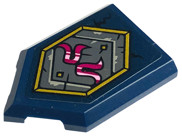 Lego Tile, Modified 2 x 3 Pentagonal with Magenta and Bright Pink Curly Symbol and Gold Frame on Dark Bluish Gray Background Pattern (Sticker) - Set 71771