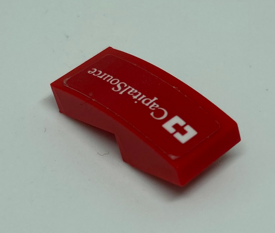 Lego Slope, Curved 2 x 1 x 2/3 with 'Capital Source' Pattern Model Right Side (Sticker) - Set 75886 / Red