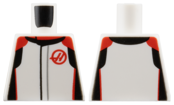 Lego Torso Racing Suit with Black and Red Collar, Shoulders, Sides and Haas Formula 1 Logo Stylized Capital Letter H Pattern / White