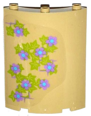 Lego Cylinder Quarter 4 x 4 x 6 with Lavender and Medium Blue Flowers, Leaves and Brick Wall Pattern on Left (Sticker) - Set 41051 / Tan