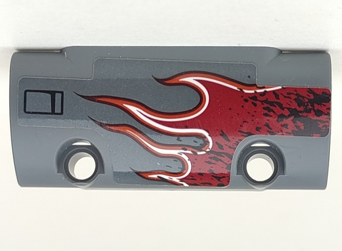 Lego Technic, Panel Curved 7 x 3 with 2 Pin Holes through Panel Surface with Dark Red Flames with Orange and White Outline Pattern Model Right Side (Sticker) - Set 42090