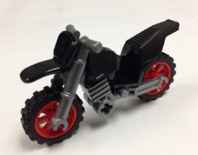Lego Motorcycle Dirt Bike with Flat Silver Chassis (Long Fairing Mounts) and Red Wheels