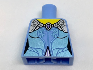 Lego Torso Female Dress with Yellow Neck, Lavender Shoulders and Metallic Trim Pattern / Bright Light Blue