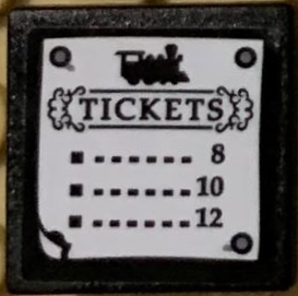 Lego Road Sign 2 x 2 Square with Open O Clip with Black Train, 'TICKETS' and Number 8, 10 and 12 Pattern (Sticker) - Set 71044 / Black