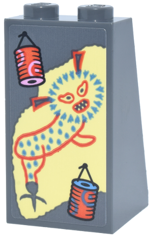 Lego Slope 75 2 x 2 x 3 - Solid Studs with Reddish Orange and Medium Blue Painted Cans on Strings and Mythical Creature on Bright Light Yellow Background Pattern (Sticker) - Set 76467 / Dark Bluish Gray