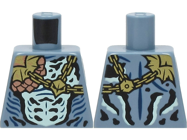Lego Torso Gold and Copper Chains and Scales over Light Aqua Chest, Black and Dark Blue Markings Pattern / Sand Blue