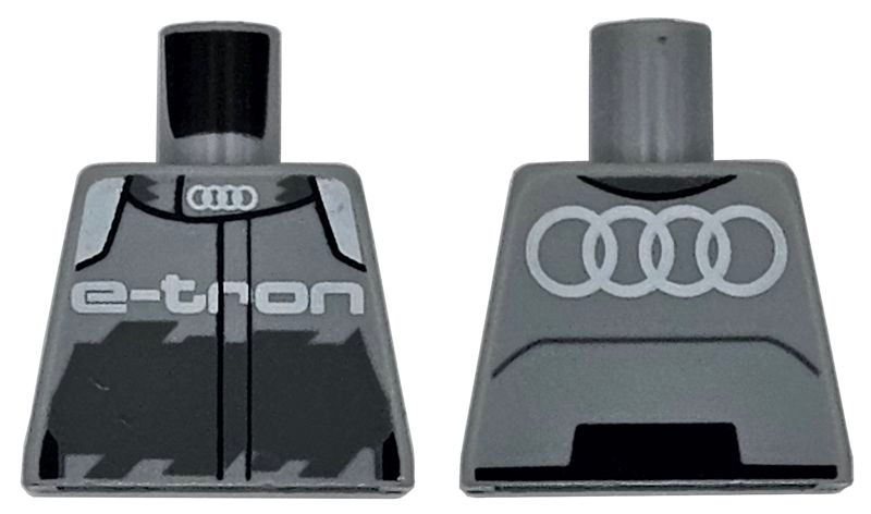 Lego Torso Racing Jacket with White Audi Logo, 'e-tron', and Shoulders, Dark Bluish Gray Panel Pattern / Light Bluish Gray