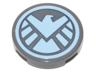 Lego Tile, Round 2 x 2 with Bottom Stud Holder with Bright Light Blue SHIELD Eagle Logo on Dark Bluish Gray Background Pattern (Sticker) - Set 76042