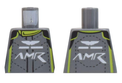 Lego Torso Racing Suit with 'AMR' Aston Martin Logo, Lime Collar and Stripes Pattern / Dark Bluish Gray