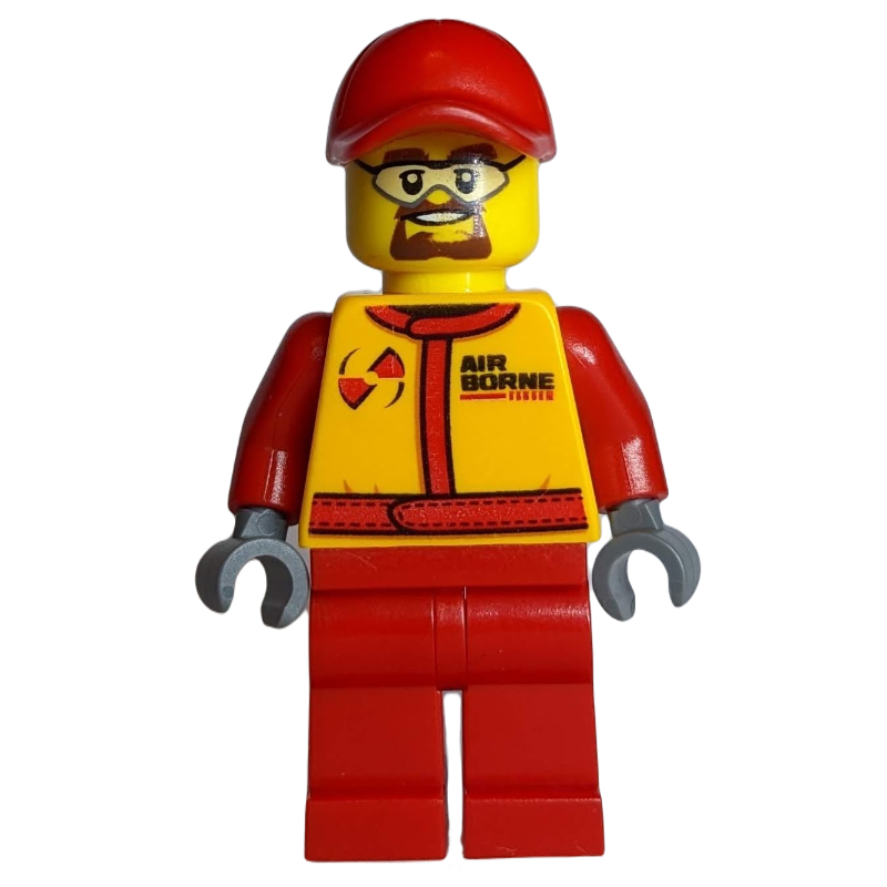 Lego Racer, Red and Orange Jumpsuit, Red Cap, Goatee Beard and Safety Glasses