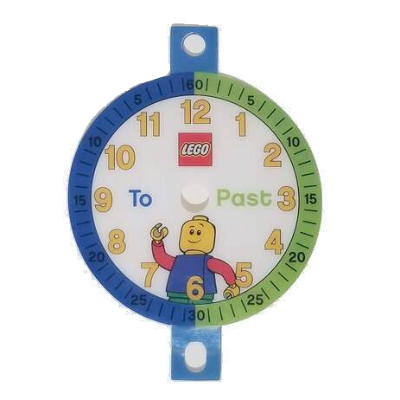 Lego Clock Face, Time-Teacher, Plastic with LEGO Logo and Minifigure with 'To' and 'Past' Text / [No Color/Any Color]