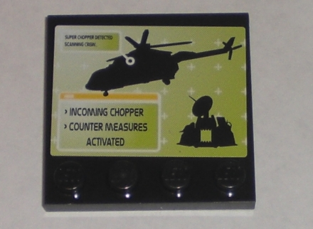 Lego Tile, Modified 4 x 4 with Studs on Edge with Black Helicopter, Command Center, 'INCOMING CHOPPER', and 'COUNTER MEASURES ACTIVATED' Pattern (Sticker) - Set 8971