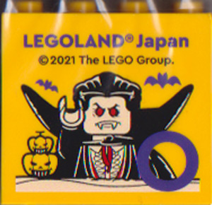 Lego Brick 2 x 4 x 3 with LEGOLAND Japan, Vampire Minifigure, Bats, Jack O' Lanterns, and Dark Purple Capital Letter O Pattern / Yellow