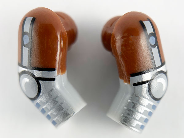 Lego Arm, (Matching Left and Right) Pair with Reddish Brown Short Sleeves and Silver Armor Pattern / Light Bluish Gray