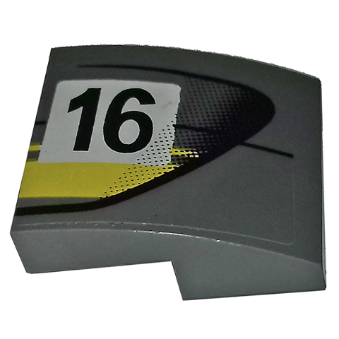 Lego Slope, Curved 2 x 2 x 2/3 with Black Number 16 and Double Yellow Stripes on Dark Bluish Gray Background Pattern Model Right Side (Sticker) - Set 75877