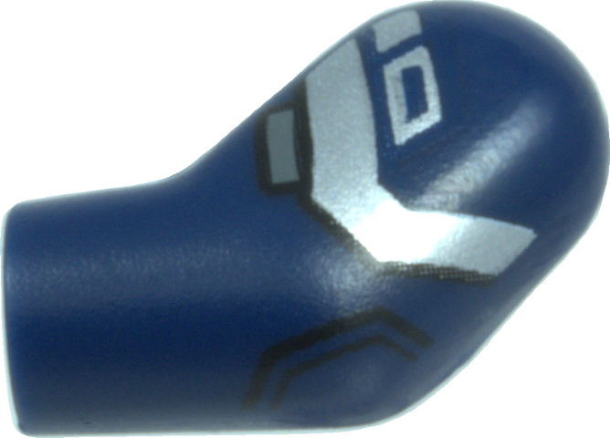 Lego Arm, Left with Silver Armor Plates, Dark Bluish Gray Rectangle, and Black Outlines Pattern / Dark Blue