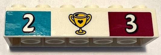 Lego Brick 2 x 6 with White Number 2 on Medium Azure Background, Yellow Trophy with Heart, and Number 3 on Magenta Background Pattern (Sticker) - Set 41372 / White
