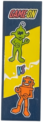 Lego Tile 2 x 6 with Arcade Video Game Side Panel with Lime Alien 'vs' Orange Robot and 'GAME ON' on Yellow Background Pattern (Sticker) - Set 42674