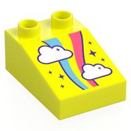 Lego Duplo Brick 3 x 2 Slope 33° with White Clouds, Coral/Medium Blue Rainbow, Stars Print / Vibrant Yellow