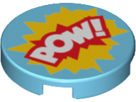 Lego Tile, Round 2 x 2 with Bottom Stud Holder with 'POW!' in Yellow and Red Starburst Explosion Pattern