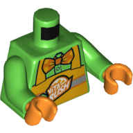 Lego Torso Bright Light Orange Apron with 'VITA RUSH' Logo, Orange Bow Tie Print, Bright Green Arms, Orange Hands / Bright Green