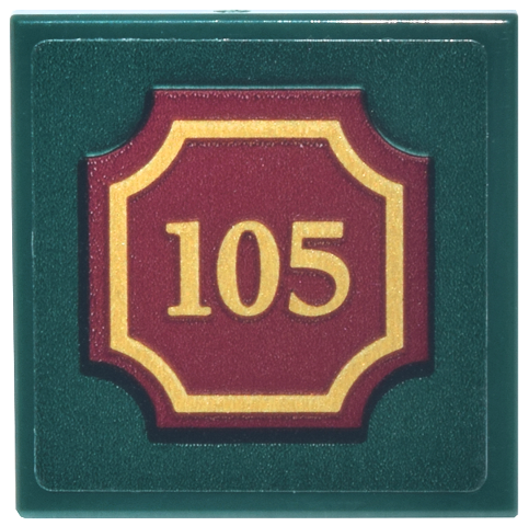 Lego Tile 2 x 2 with Reddish Brown and Gold Sign and Number 105 Pattern (Sticker) - Set 43302 / Dark Green