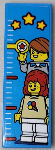 Lego Tile 2 x 6 with Height Chart, 2 Minifigures and 3 Yellow Stars Pattern (Sticker) - Set 10303 / Dark Azure