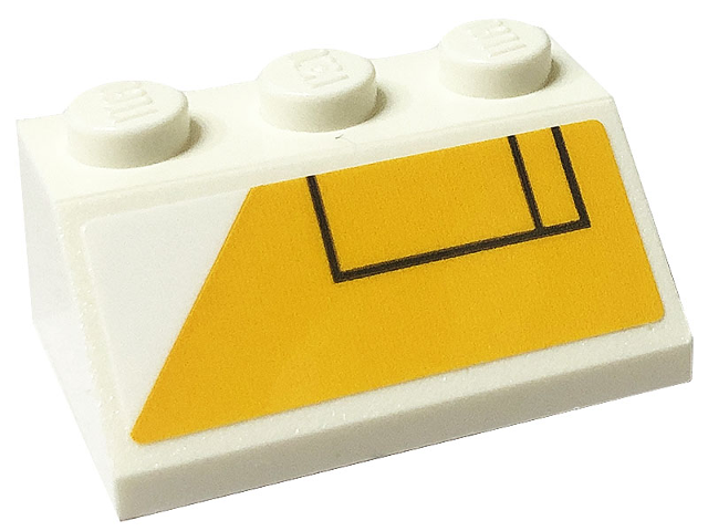 Lego Slope 45 2 x 3 with Yellow Background and White Triangle Cutout with Two Black Rectangles Pattern Model Right Side (Sticker) - Set 75290