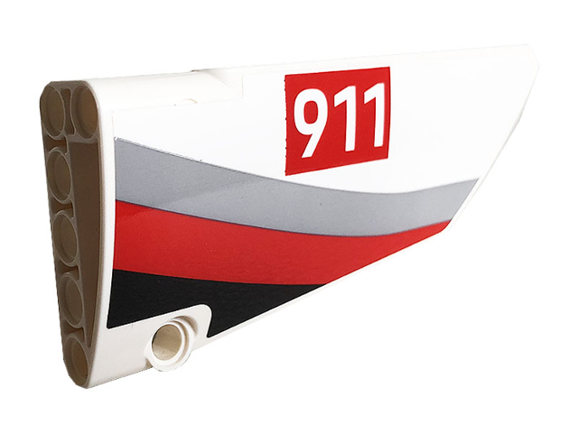 Lego Technic, Panel Fairing #18 Large Smooth, Side B with White '911' on Red Rectangle and Gray, Red and Black Curved Stripes Pattern (Sticker) - Set 42096