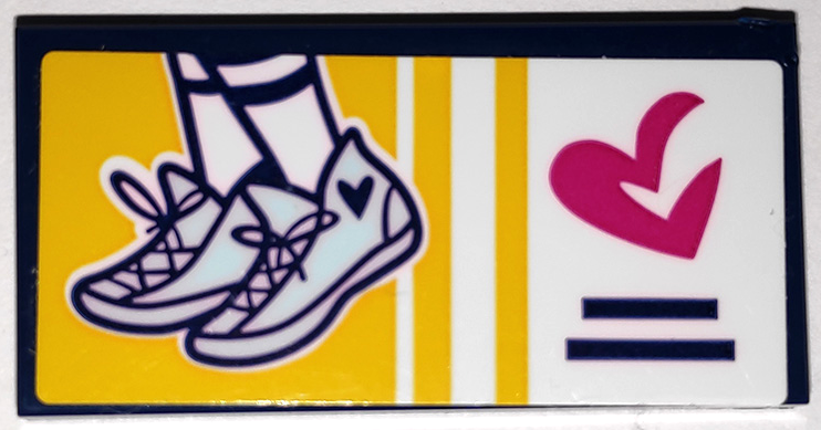 Lego Tile 2 x 4 with Feet in Light Aqua Sneakers, Magenta Heart and Yellow Stripes Pattern (Sticker) - Set 41338 / Dark Blue