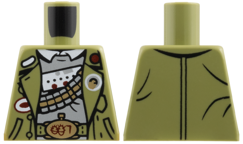 Lego Torso Jacket, White Collar, Light Bluish Gray Shirt, Bandolier, Dark Tan Buckle Pattern / Olive Green