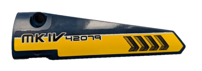 Lego Technic, Panel Fairing # 5 Long Smooth, Side A with Thick Yellow Line, Air Ventilation Slots and 'MK IV 42079' Pattern (Sticker) - Set 42079 / Dark Blue