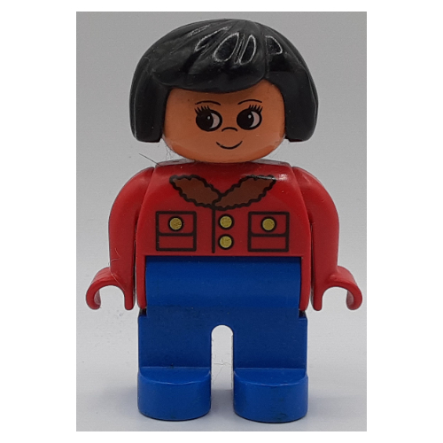 Lego Duplo Figure, Early, Hair Bob Black, Blue Legs, Jacket with Pockets, Buttons, and Fur Collar Print / Red